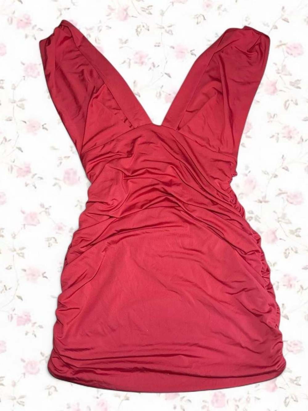 Red V-Neck Ruched Women’s Dress